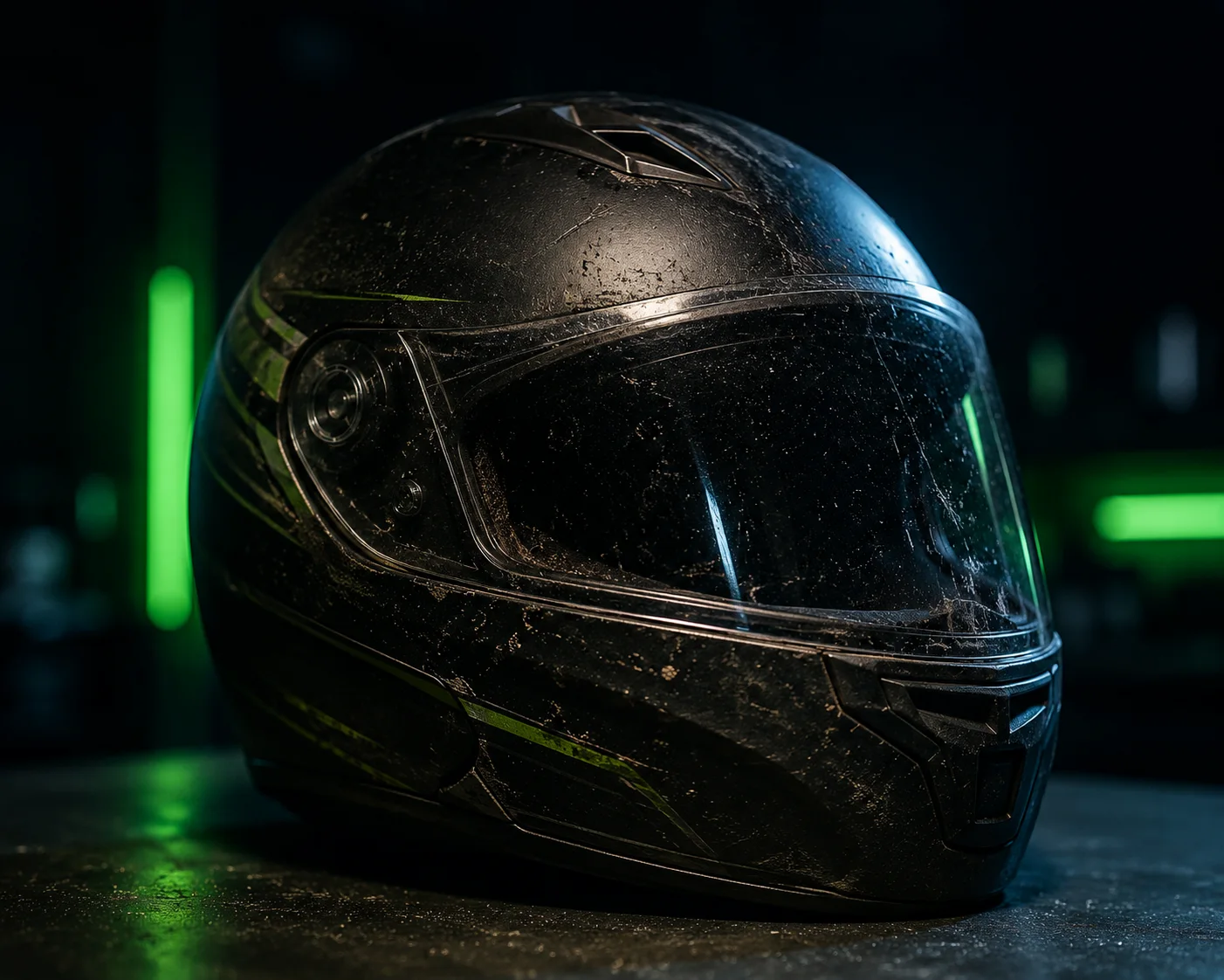 Capacete de motociclista após uso diário, destacando a necessidade de higienização